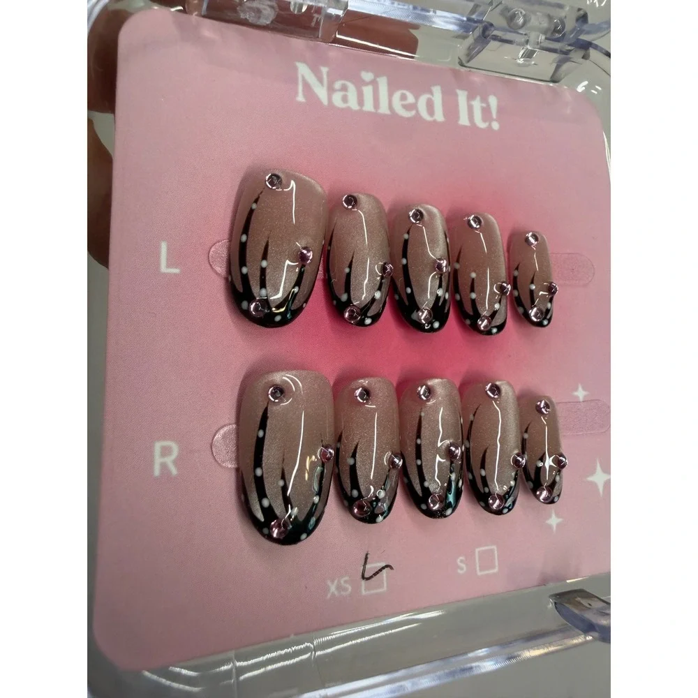 Nailed It! Press On Nails Size S Cat Eye Black French Tip Pink Rhinestone Almond